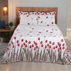 Kit 4 Peças Jogo De Lençol Tulipas Vermelhas Cama King Algodão Escolha com Branco ou Vermelho