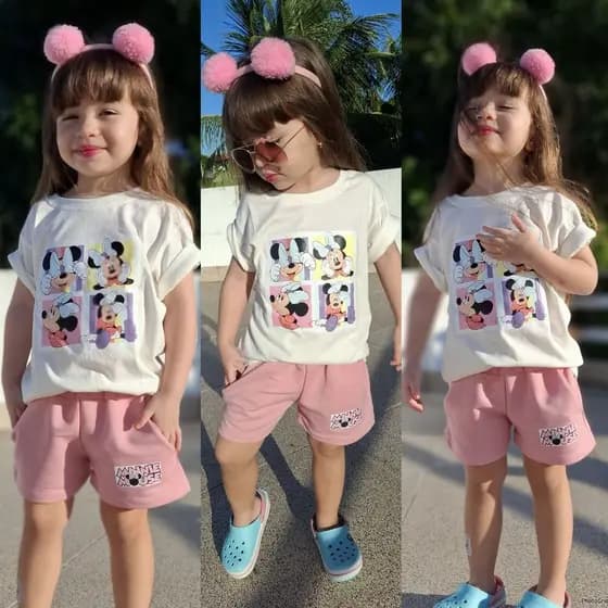Conjunto Minnie Menina Camiseta Estilosa + Short Confortável Blogueirinha Infantil 2 a 14 Anos