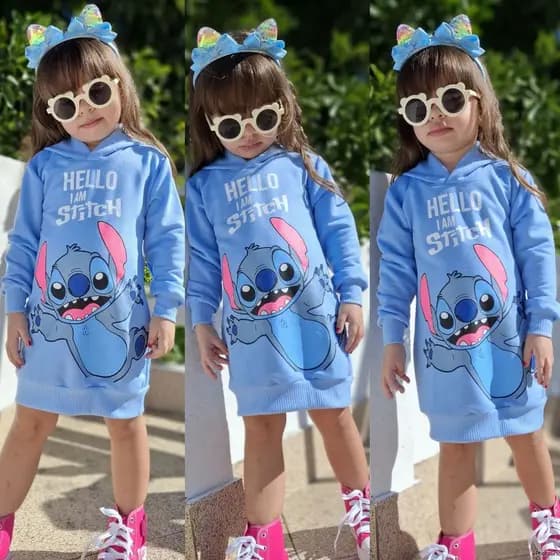 Vestido Stitch Menina Inverno Manga Longa com Capuz Quentinho e Estiloso 2 a 14 Anos
