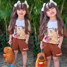 Conjunto Infantil Menina Confortavel Capivara Kit 2 Peças Short e Camisa Verão