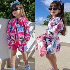 Conjunto Infantil Feminino Stitch Casaco Flanelado + Short Estampas Exclusivas 2 a 14 anos