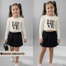 Conjunto Infantil Feminino Cropped Manga Longa + Short Saia Moletinho Love