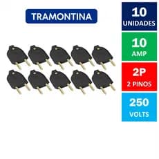 Kit Com 10x Plugue Macho 2 Pinos 10A 250V Preto Tramontina ( Tomada Macho 2P )