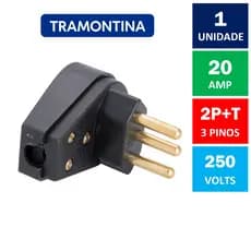 Plugue Macho Angular 90 Graus Com Prensa Cabos 3 Pinos 20A 250V Preto Tramontina ( Tomada Macho 2P+T Tipo Grosso )