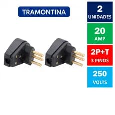Kit Com 2x Plugue Macho Angular 90 Graus Com Prensa Cabos 3 Pinos 20A 250V Preto Tramontina ( Tomada Macho 2P+T Tipo Grosso )