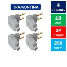 Kit Com 4x Plugue Macho Angular 90 Graus 2 Pinos 10A 250V Cinza Tramontina ( Tomada Macho 2P )