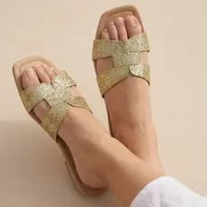 Rasteirinha de Rica Feminina Confortável Modelo H Flat Básica Brilho Glitter Verão Chic