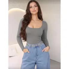 LUA Body Manga Longa quadrado Suplex Segunda Pele Bodi Inverno frio Básico Dia a Dia
