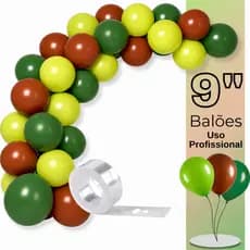 Balão Bexiga Látex 9 Pol- 75 ou 150 Unds, Verde Escuro/Verde Limão/Marrom + Tira Arco Desconstruído-Balão de Aniversário