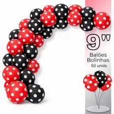 Kit 50 Balões Bexiga Látex Vermelho Com Bolinhas Brancas, Preto Com Bolinhas Brancas- Tamanho 9 Polegadas