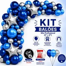 Kit 110/155 Pçs Com Balões Premium para Festas, Decore com Elegância, Balões Azul e Prata Cromados, Arcos Desconstruídos