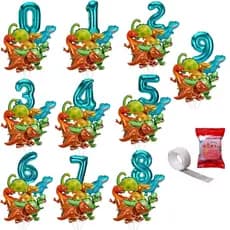 Kit Balão Número Metalizado Azul Tif + 6 Mini Balões Dinossauros 31cm Metalizados, Decoração Festa De Aniversário