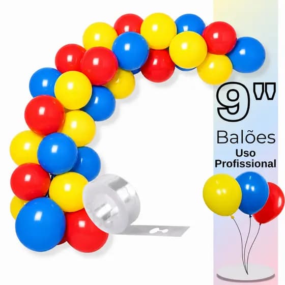 Balão Bexiga Látex 9 Pol - 75 ou 150 Unds, Amarelo, Azul, Vermelho + Tira Arco Desconstruído - Balão de Aniversário