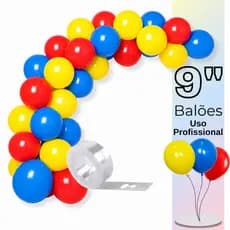 Balão Bexiga Látex 9 Pol - 75 ou 150 Unds, Amarelo, Azul, Vermelho + Tira Arco Desconstruído - Balão de Aniversário
