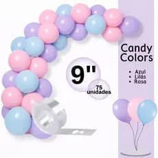 Balão Bexiga Candy Color N9-75 Unds,  Balões Candy Azul, Rosa, Lilás + Tira Arco Desconstruído - Balão de Aniversário