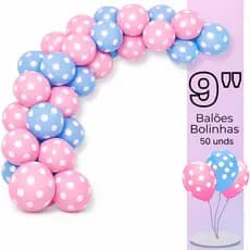Kit 50 Balões Bexigas Látex 9 Polegadas Azul ou Rosa com Bolinhas Brancas Chá Revelação– Decoração Festa Infantil