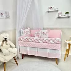 Kit Berço Trança Floral Rosa 6 Peças Micropercal 250 fios – Doce Encanto