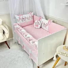 Kit Berço Trança Floral Rosa 6 Peças Micropercal 250 fios – Doce Encanto