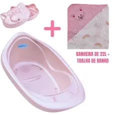 KIT BANHO BEBÊ BANHEIRA 22L + TOALHA FRALDA COM CAPUZ E BORDADO OU ROUPÃO + SABONETEIRA PLASTIBABY