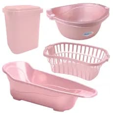 Kit Banho Bebê Plastibaby 4 Peças Azul Rosa Lilás Menino Menina Banheira Lixeira Saboneteira