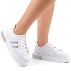 Tênis Feminino Casual Branco Strass Confortável Moderno Brilho Macio Leve Promoção KALLYS 4724