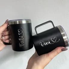 Caneca Aço Inoxidável Térmica Com Canudo E Tampa Alça 360ml Café Chá - PERSONALIZADA COM NOME