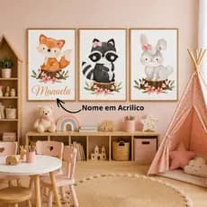 Kit 3 Quadro Decorativo Safari Infantil com Nome em Acrílico – Para Quarto de Menina
