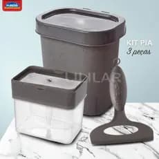 Kit Linha Pia 3 Peças Cinza | Lixeira 2,5L + Porta Detergente 520ml + Rodinho | Organização Cozinha