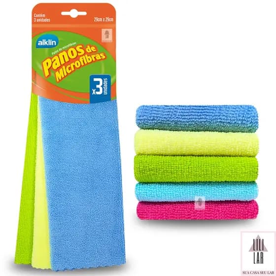3 Panos Super Absorvente Microfibra Multiuso 29x29cm Não Solta Fiapos Casa Carro Escritório - ALKLIN