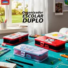 Estojo Escolar Organizador Duplo Divisão com Trava Tampa Articulada Stitch Minnie Homem Aranha