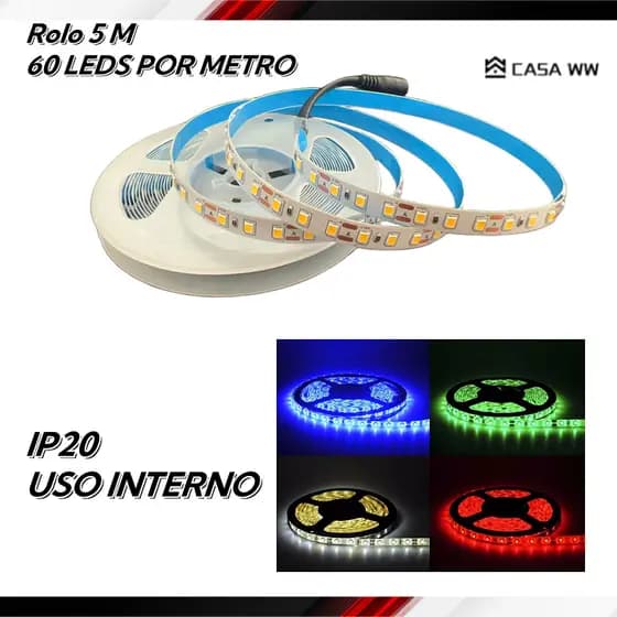 Fita LED 3528 2835 SUPER LED ULTRA  5M 12V  300 LEDS IP20 Sem Silicone 4.8W Dupla Face Com Rabicho Femea 6500K 3500K AZUL VERMELHO VERDE