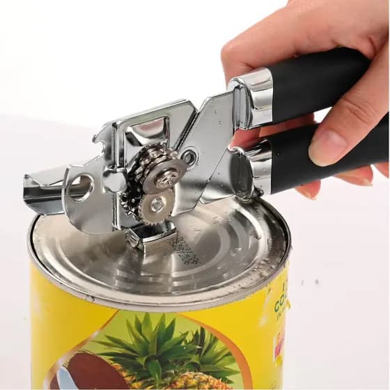 Abridor de latas manual, abridor de latas de aço inoxidável resistente e portátil, alça confortável, lâmina afiada borda
