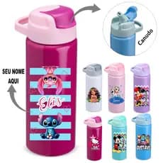 Garrafa Alumínio 600ml Com Canudo Personalizada COM SEU NOME Squeeze Escola Criança