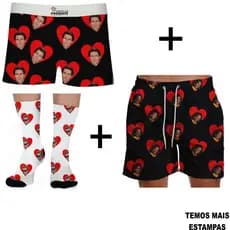 Kit Short Masculino + Meia + Cueca Personalizados com foto casal mozão love namorados zueira presente