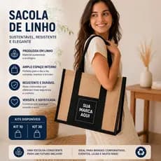 KIT Sacola Ecológica de juta com bolso de Linho Personalizada com LOGO Sustentável e Resistente Várias Estampas
