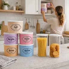 Kit 7 Potes de Plástico para Mantimento Linha Afeto – Organizadores de Alimentos para Cozinha Dispensa