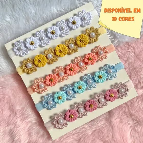 Kit com 5 tiaras flores para bebês rn faixinha laços infantil 0 a 18 meses