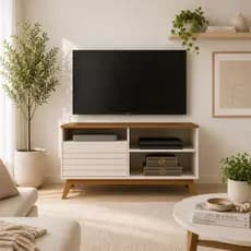 Rack Bancada com Nicho Retro 1 Porta para Sala  Pés de Madeira Maciça para TV 43" Polegadas