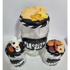 Kit para cozinha preto e branco 1 pote 3 litros biscoito de sal - 2 potes 500 ml biscoito e achocolatado decorado