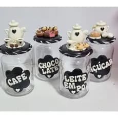 Pote para cozinha 4 potes decorado em biscuit - Conjunto para cozinha 500 ml