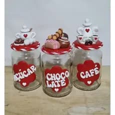 kit Cantinho do café - Pote para cha - pote chocolate pote para café pote para açúcar decorado biscuit 3 unidades