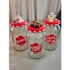 Pote de bombom - pote açúcar - pote leite em pó - Kit cozinha 3 potes decorado em biscuit vermelho