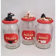 Conjunto para mantimento vermelho decorado em biscuit - Arroz  Feijão  Açúcar  3 litros