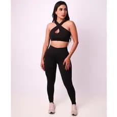 Conjunto fitness feminino de academia transpassado calça legging e top cropped suplex conjunto de treino