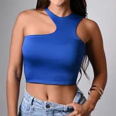 Cropped assimétrico com detalhe no pescoço forrado tecido suplex blusa feminina