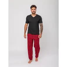 Pijama Masculino Calça Xadrez com Bolso e Camiseta de Suede Manga Curta Gola V