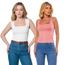 Kit 2 Blusinhas Regata Feminina de Suplex Gola Quadrada