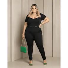 Macacão Luxo Com Decote Acompanha Cinto, Crepe de Malha, Veste do 46 ao 52