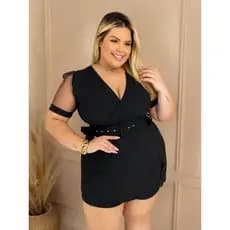 Macaquinho Manga de Tule,Plus Size, Tecido Crepe de Malha, Veste do 46 ao 52