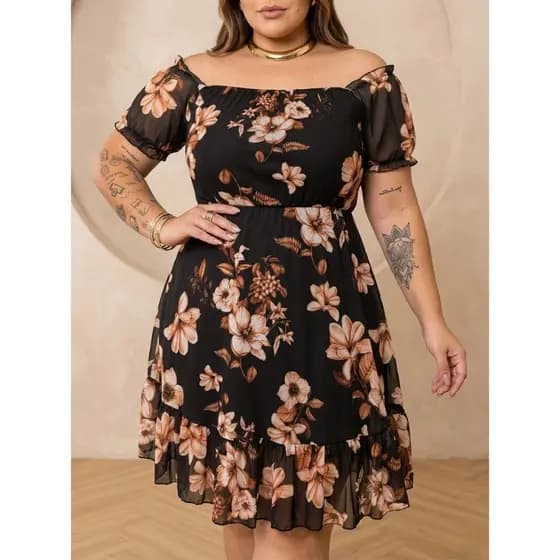 Vestido Plus Size Todo em Tule, Tamanho Único Veste do 46 ao 52 com Caimento Leve